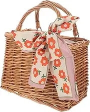 JEWEDECO Rattan Flower Girl Baskets: Top Handles Boho Style Beach Bag Wicker Handbag Purse With Ribbon Handwoven Eggs Candy Basket For Home Wedding Garden Decor