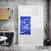 High Gloss Tall White Side Cabinet LED Display Shelf with Push-to-Open Doors 160