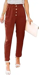 [Generic] Women's High Waisted Button Front Pants Elastic Waist Paper Bag Pant with Pockets Casual Straight Leg Work Trousers