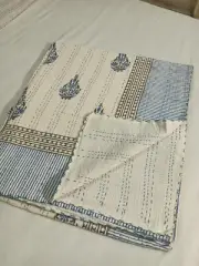 Elegent Indian Kantha Hand Block Print Handmade Bedspread Blanket King Size