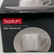 Bodum Switzerland Fine Porcelain 2 Expresso Demi Cups and Saucers Coffee Mug NIB