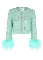 Self-portrait Feather-trimmed Embellished Tweed Jacket - Green - 10 (UK10 / S) 10 (UK10 / S)