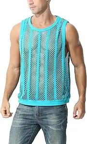 [AIEOE] Men's Fishnet Shirt See Through Workout Gym Tank Top Half Sleeve Hooded Shirt Mesh Sleeveless Top