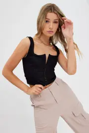 Black Singlet Sleeveless Scoop Neck Bustier Hook & Eye - Size L, Women's Top