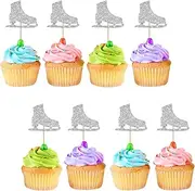 24pcs Ice Skate Cupcake Toppers, Skating Cupcake Toppers for Kids, Silver Glitter Ice Skating Cake Decorations for Ice Sports Birthday/Winter Party Supplies
