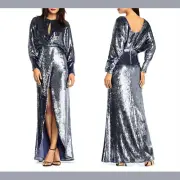 NWT $395 Aidan Mattox Long-Sleeve Draped Sequin Gown Silver [ SZ 0 ] #E924