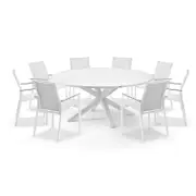 Houston Outdoor 1.8m Round Aluminium Table with 8 Patonga Dining Chairs White