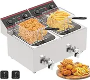 Cobuy 16L Electric Deep Fryer, Commercial Deep Fryer with Double Basket, Independent Control Electric Fryer for Restaurant,2500W+2500W | Oil Valve | Two Adapters