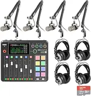 Rode RODECaster Pro II Audio Production Console with 4x Rode PodMic Podcasting Microphones, Rode PSA1+ Professional Boom Arms, Over-Ear Headphones, 32GB microSD Card, XLR Cables and StreamEye Cloth
