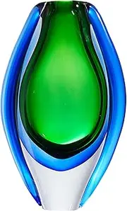 [Luxury Lane] Hand Blown Sommerso Oval Art Glass Vase for Decor 10 inch Tall Centerpiece Table Decoration Emerald Green