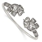 Sterling Silver Polished Antiqued Filigree Elephants Flexible Bangle