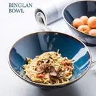 3pcs Ramen Ceramic Bowl Spoon Chopsticks Blue Kiln Glazed Ceramic Rice Soup Bowl
