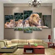 Lion & Cubs Animal Framed 5 Piece Canvas Wall Art