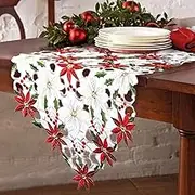 PartyTalk Christmas Embroidered Table Runner, Luxury Poinsettia and Holly Table Runner for Christmas Decorations, 15 X 70 Inch
