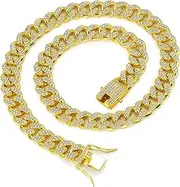 [Yonghao Pavilion] Diamond Hip Hop Necklace for Men 13mm Cuban Chain Alloy Full Diamond Hip Hop Style Gold Plated Necklace for Men and Women Bracelet Pendant accessories