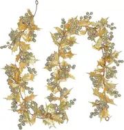 Gold Berry Christmas Garland, 175cm Flexible Artificial Berry Garland With Gold Glitter Berry And Holly Leaves For Winter Christmas Holiday New Year F