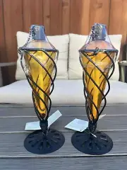 Amber Yellow Glass and Metal Outdoor Table Porch Deck Oil Torch Light Lamp Set 2