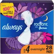 Always Radiant FlexFoam Pads for Women, Size 4, Overnight Absorbency, 100% Leak