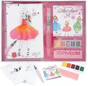 Depesche 12153 TOPModel - Watercolour Set with 20 Sheets of Motif Templates on Watercolour Paper, Creative Painting Set with 5 Watercolour Paints and 1 Brush Pen