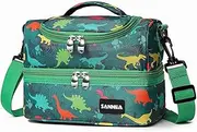 AUTOWT Lunch Box Bag for Kids, Insulated Double Compartments Toddler Children Cooler Bag Note with Detachable Shoulders Strap for Boys & Girls School Picnic Daycare Kindergarten (Green Dinosaur)