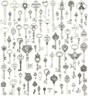 10 Skeleton Key Charms Antiqued Silver Steampunk Pendants Set Mixed Lot Assorted