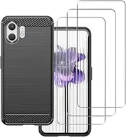 carinacoco Case for Nothing Phone (2) with 3 Tempered Glass Screen Protector, Soft TPU Carbon Fiber Texture Shockproof Bumper Anti-Drop Rugged Cover, Ultra Slim Anti-Scratch Phone Case, Black