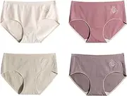 [GOODLUKY] Ladies Mid Waist Knickers, Women's 100% Cotton Briefs Underwear Full Back Coverage Soft Stretch Panties Multipack Summer No Trace Panty 4 Pack,4,M