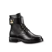 NEW LOUIS VUITTON Wonderland Flat Ranger Leather Boots 37 Black Gold LV Buckle