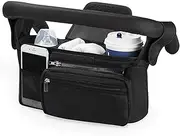Pushchair Organiser, 13x3.9x6.3'' Waterproof Oxford Cloth Pram Bag with Insulated Cup Holder, Detachable Pocket, and Shoulder Strap, Stroller Organizer for Diapers and Accessories