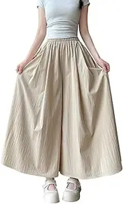 [Best Rose] Skirt Shorts Pants High Waist Elastic Waist Baggy Wide Leg Ruched Oversized Streetwear Casual Summer Pants, Apricot, Small