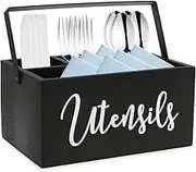 NIPUAEGO 1Set Wooden Utensil Holder, Versatile Applications Rustic Wooden Storage Utensil Flatware Organizer Box with Handle Silverware Caddy for Outdoor (Black)