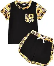 [Borlai] Toddler Girl Clothes Summer Leisure Outfits Gerbera Daisy Print Short Sleeve Pullover Tops Shorts 2pcs Sets 12M-5Y