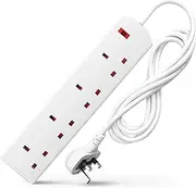 White Electric Extension Lead 4 Gang 2 Metre | 2m Long Cable | UK Plug 3 Pin Socket Outlet | Wall Mountable | Multi Socket Mains Strip For Home, Bedroom, Kitchen and Office (1 Pack)