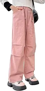 [KEOYA] Girls Cargo Pants Drawstring Cargo Pants Waist Wide Leg Pants Trendy Jogger Trousers Kids Pants with Pockets 5-14 Years