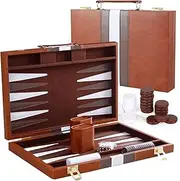 Backgammon Set, Backgammon Travel, 15 Inch Backgammon Wood, Backgammon Case, Backgammon Stones, Board Games Adults, Portable Board Games, Travel Chess with High-Quality Leather Case
