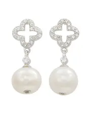 Suzy Levian Silver Created White Sapphire & 8mm Pearl Clover Dangle Earring