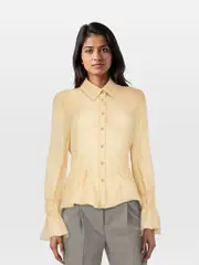 Yellow Wool Sheer Long Sleeves Blouse