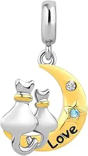[LSxAB] Women Love Couple Gold Moon Cat Charm Competible with Pandora Charm Bracelets Girls Silver Dangle Clear Blue CZ, No Gemstone