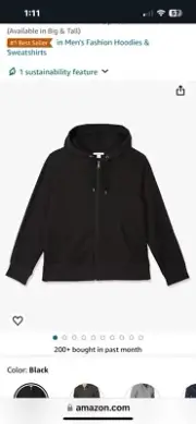 Amazon Essentials Men’s Full Zip Size S Fleece Hoodie Black Hooded Sweatshirt