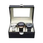 Black Pu Leather Watch Display Stand Box Flannelette Grids with Glass Cover-3 Slot
