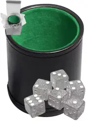 (6) 16mm Transparent Clear Glitter Dice + PU Leather Green Felt Lined Cup Boxed