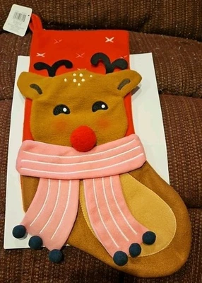Reindeer Christmas Stocking Hanging Holiday Rudolph Red Nose Children Kids