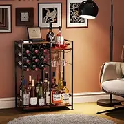 Freestanding Liquor Cabinet with 9-Bottle for Home Bar, Versatile Wine Rack Freestanding Floor with Glass Holder and Fences, Mini Bar Table Liquor Whiskey Display Large-Capacity Corner Wine Cabinet