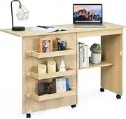 [Costway] White Folding Sewing Craft Cart Table Shelves Storage Cabinet Home Furniture W/Wheels (Coffee)