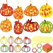 DoubleFill 48 Pcs Autumn Pumpkins Suncatchers Craft Kits DIY Pumpkin Stained Glass Effect Tissue Paper Kits Bulk for Window Decor Ornament Fall Thanksgiving Party Favors Home Art Activities