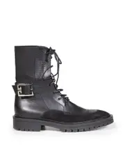 Black Leather Buckle Lace Up Boots