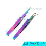 2 Pcs Multi Rainbow Color Eyelash Extension Tweezers X Type + Strong Curved