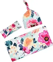 [Healeved] 1 Set Attractive Headdress Set Durable Newborn Printed Towel Hat Headband for Soft Floral Design for Home Outdoor Use Blue