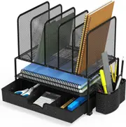 Desk Organizer with Sliding Drawer, Double Tray and 5 Upright Sections, Black