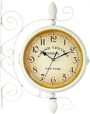 Double Sided Clock Waterproof Vintage Double Sided Wall Clock Silent Railway Station Wall Art Clock White Outdoors Wall Clock Steampunk for Patio, Garage, Train Station Clock